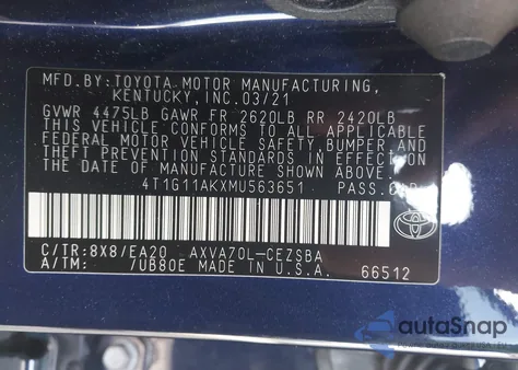 2021 Toyota Camry Se из США, поврежденный, VIN 4T1G11AKXMU563651